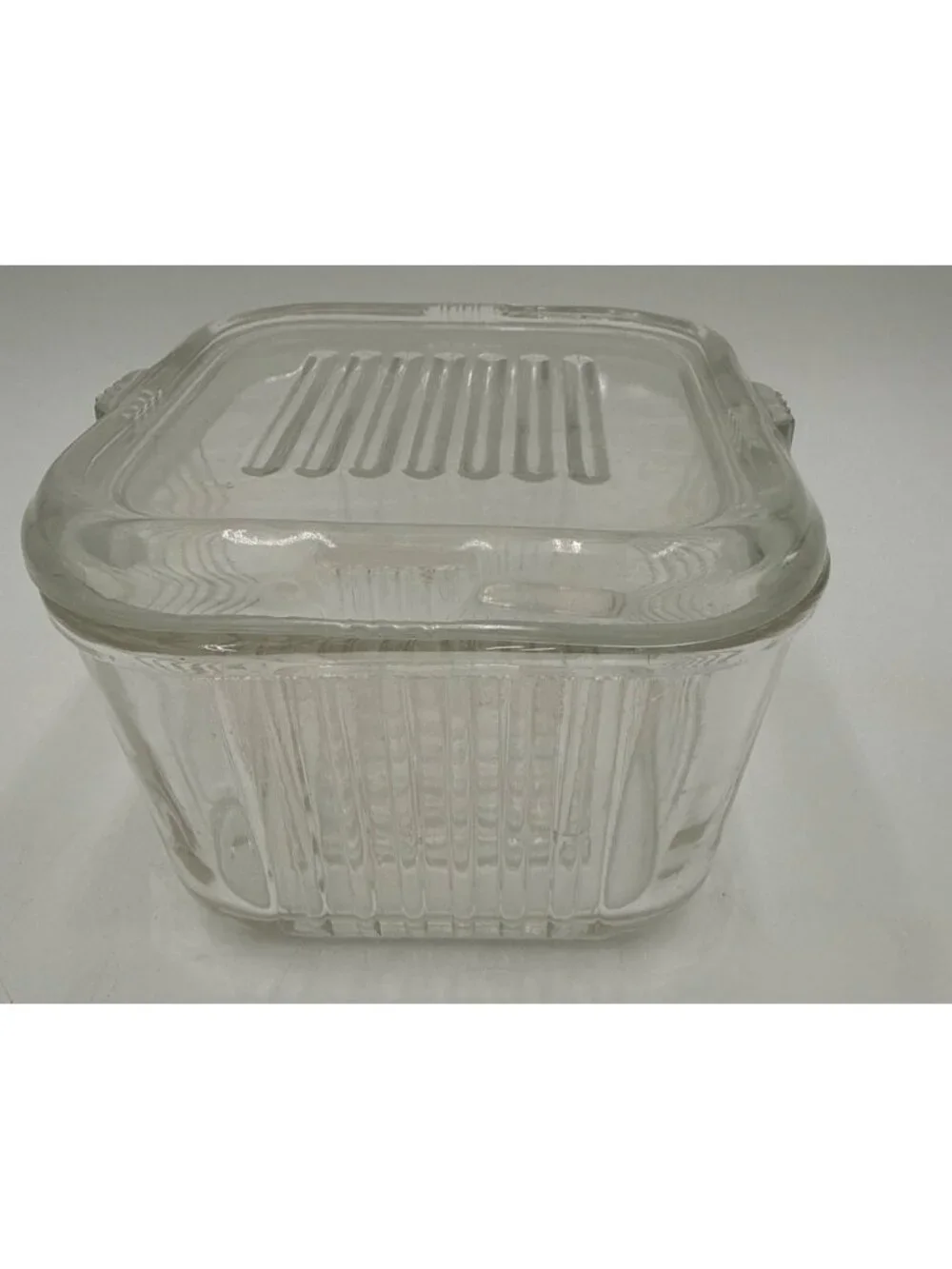 Vintage Clear Glass Refrigerator Ribbed Design Dish With Lid No Chips/Cracks